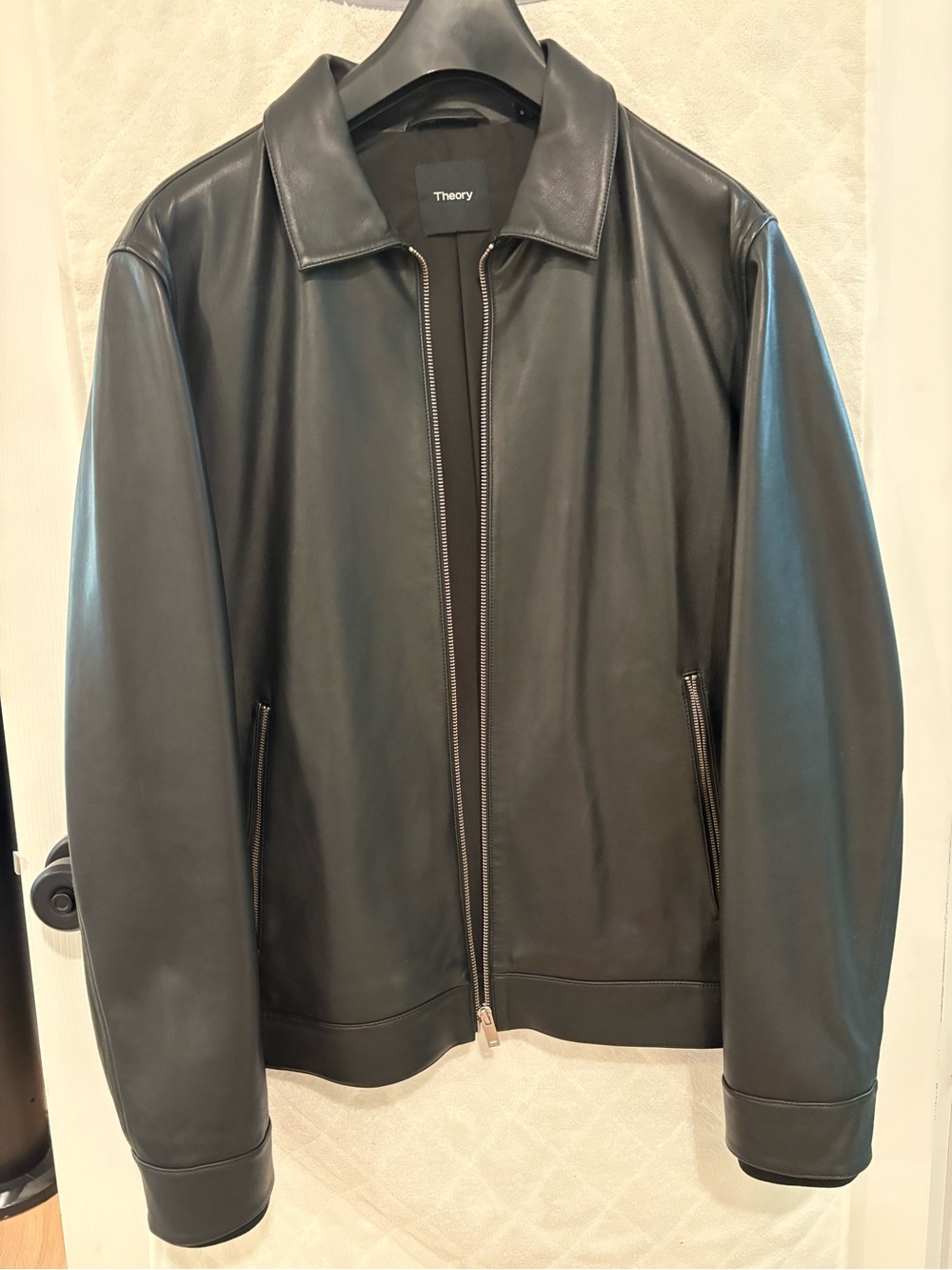 Theory Black Leather Zip Bomber Jacket